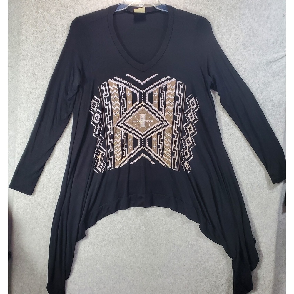 Vocal Tunic Top Womens Small Black Rhinestone Geometric Sharkbite Long Sleeve